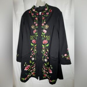 Victor Costa Embroidered Floral Lined Duster Jacket Long Mandarin Collar Size 1X